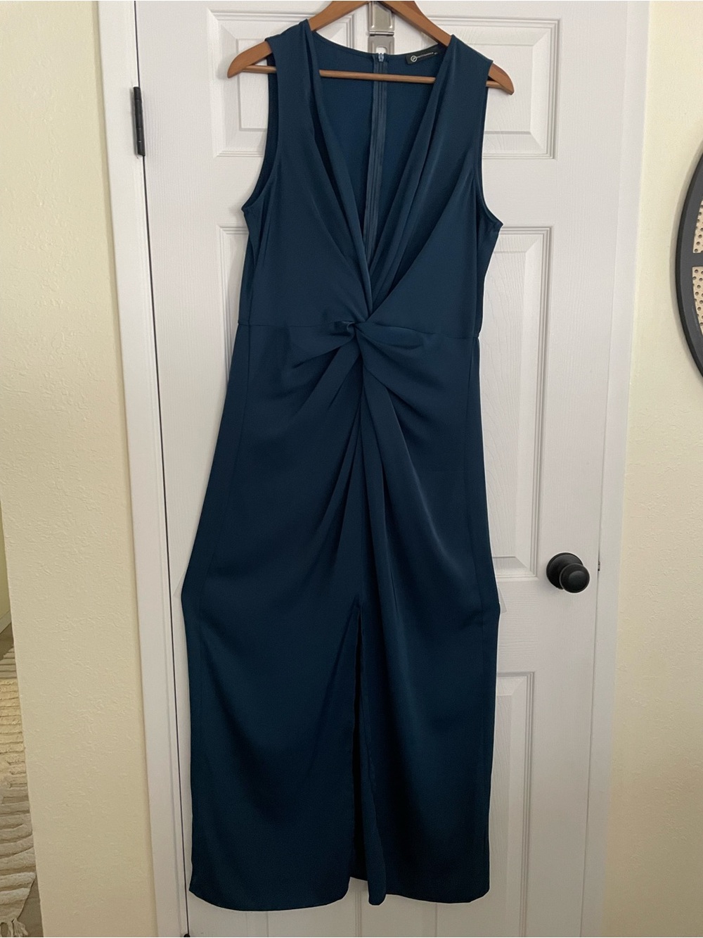 PRETTYGARDEN Satiny Twist Front V-Neck Maxi Dress Teal XL